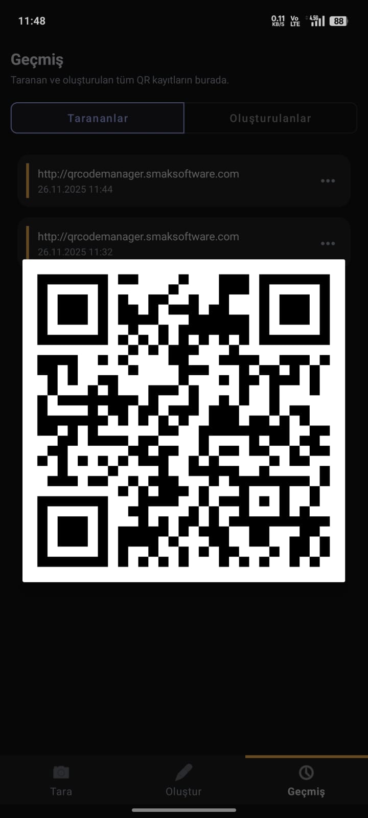 QR geçmişinden kod gösterimi ekranı