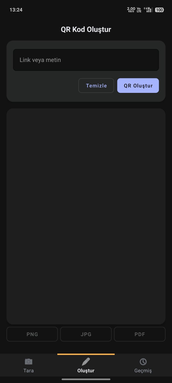 QR kod oluşturma ekranı